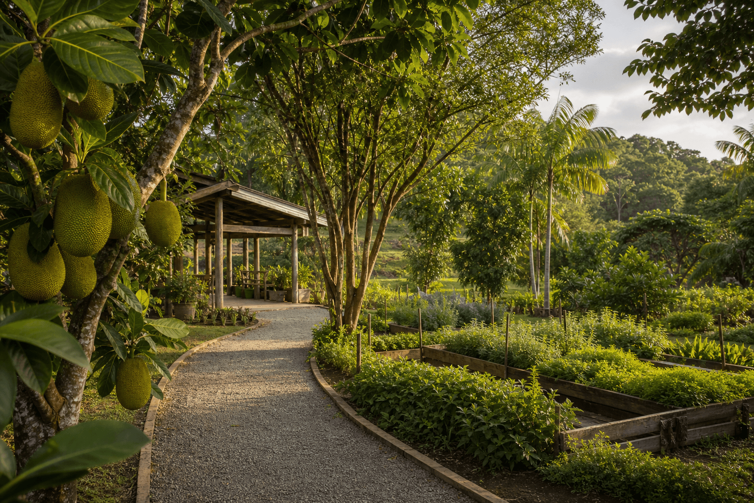Mature fruit trees and herbal planting beds at Starfresh Agro Park